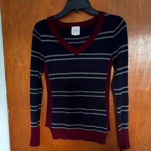 Hippie Rose V-Neck Sweater - Black and Gray Stripes with Burgundy Trim